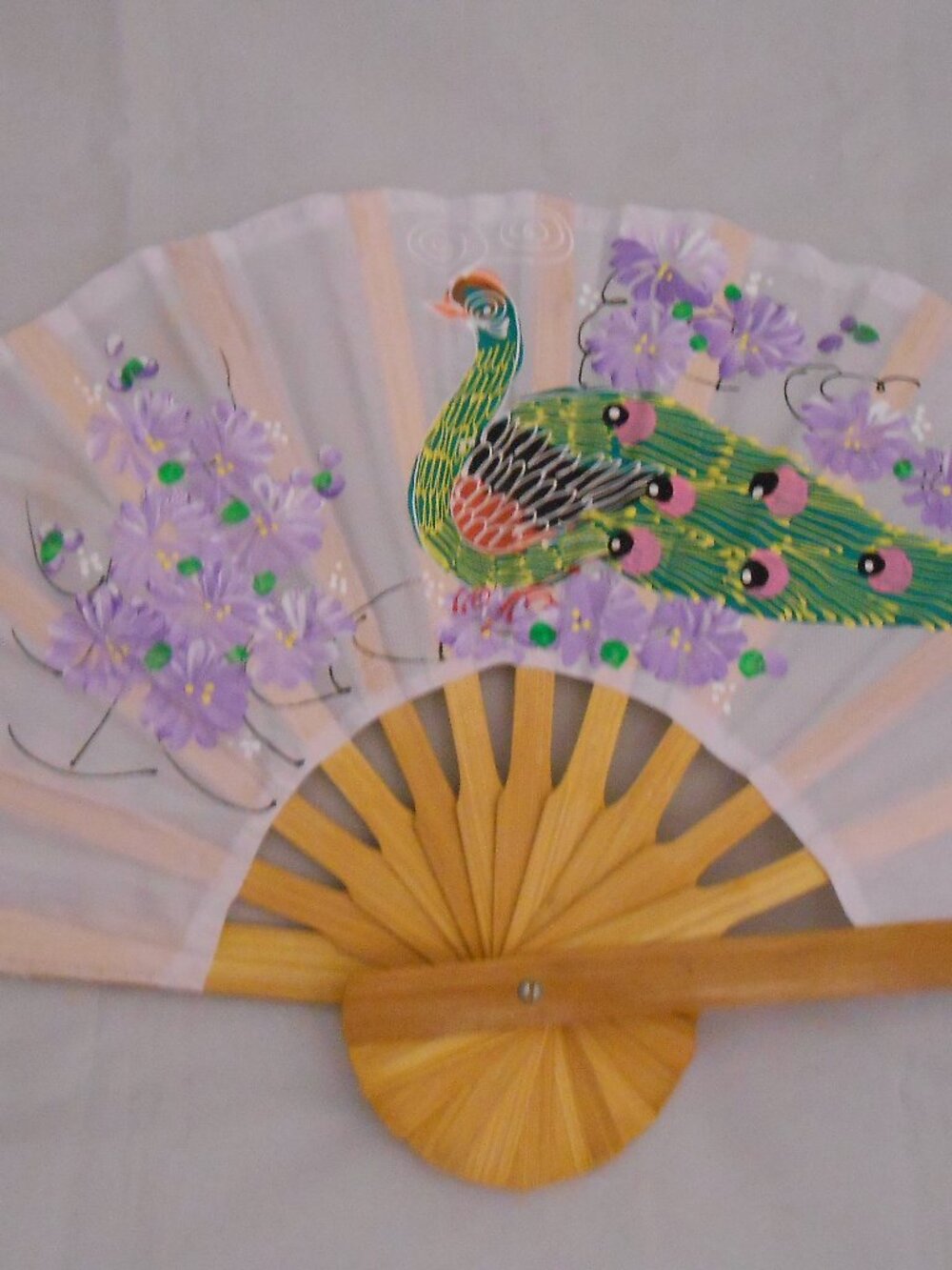Vintage Asian Folding Hand Fan, Bamboo, Painted Fabric, Peacock/Floral Design